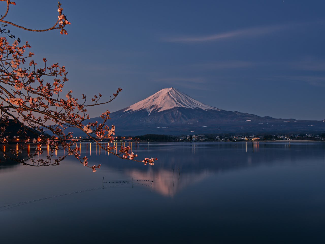 Tranquil evening shot of Mount Fuji reflected on a lake with cherry blossoms.