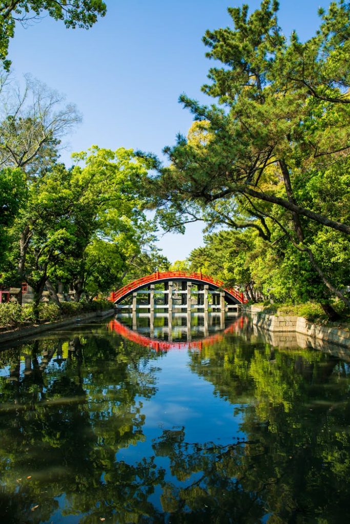 pexels-photo-5220060 Aged red bridge over water channel reflecting lush green trees under blue sky in Japan